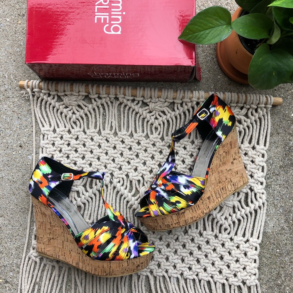 Charming Charlie Multi-Color Printed Cork Wedges - image 2
